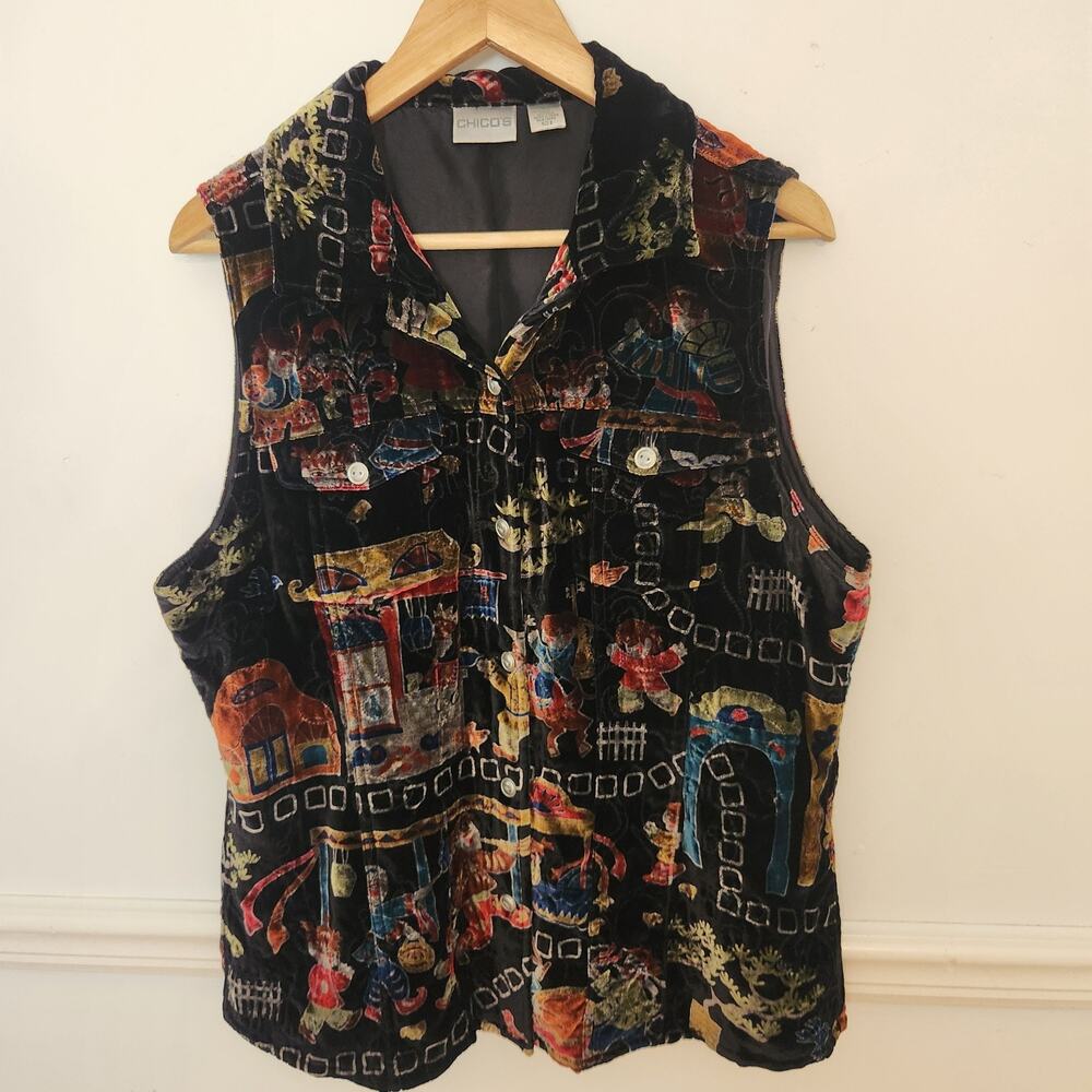 Y2K Chicos Crushed Velvet Vest Size 2 Large Womens Grunge WhimsiGoth Graphic Art